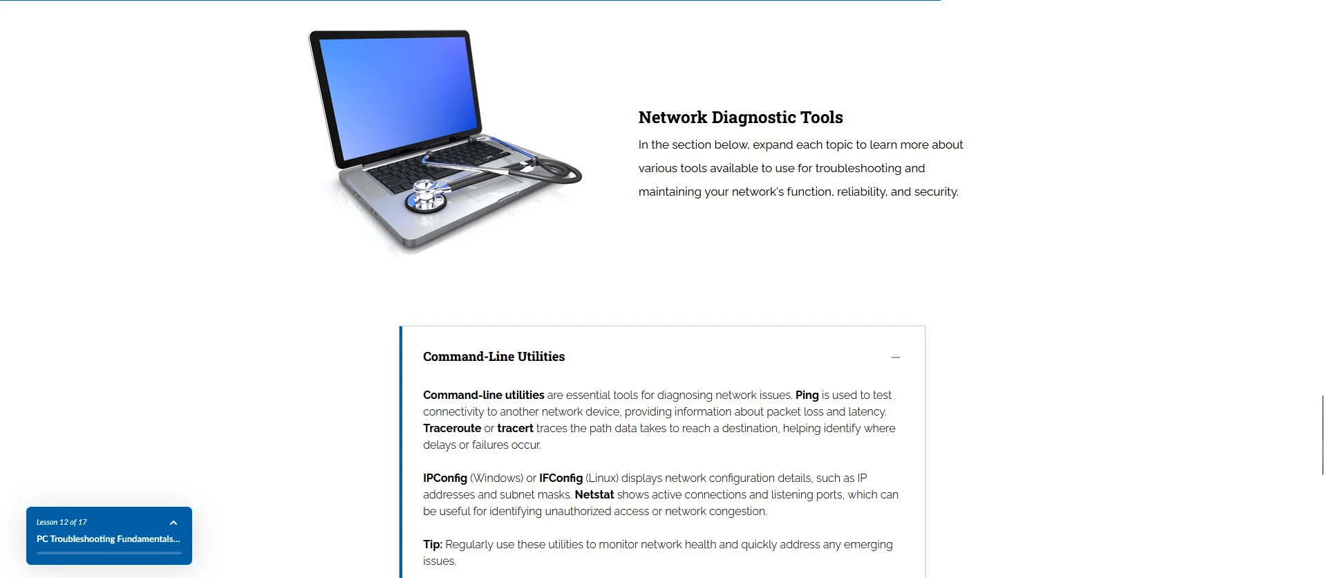 Network diagnostic tools lesson with expandable content
